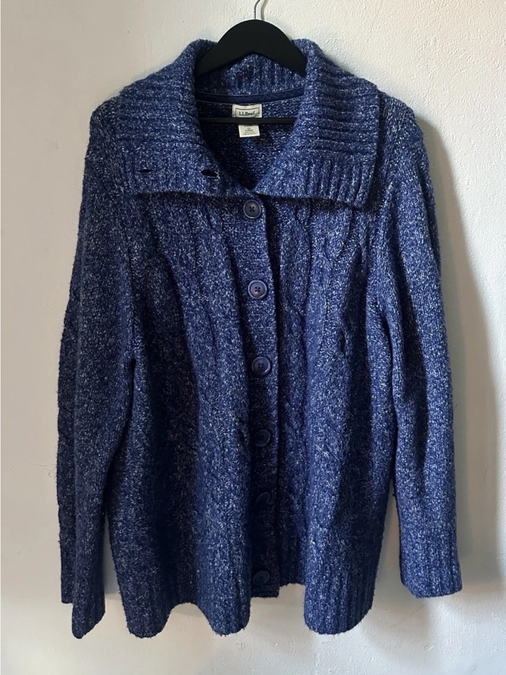 LL Bean Cardigan Sweater Womens 2X Blue Marled Cable Knit Shawl Collar Cozy
